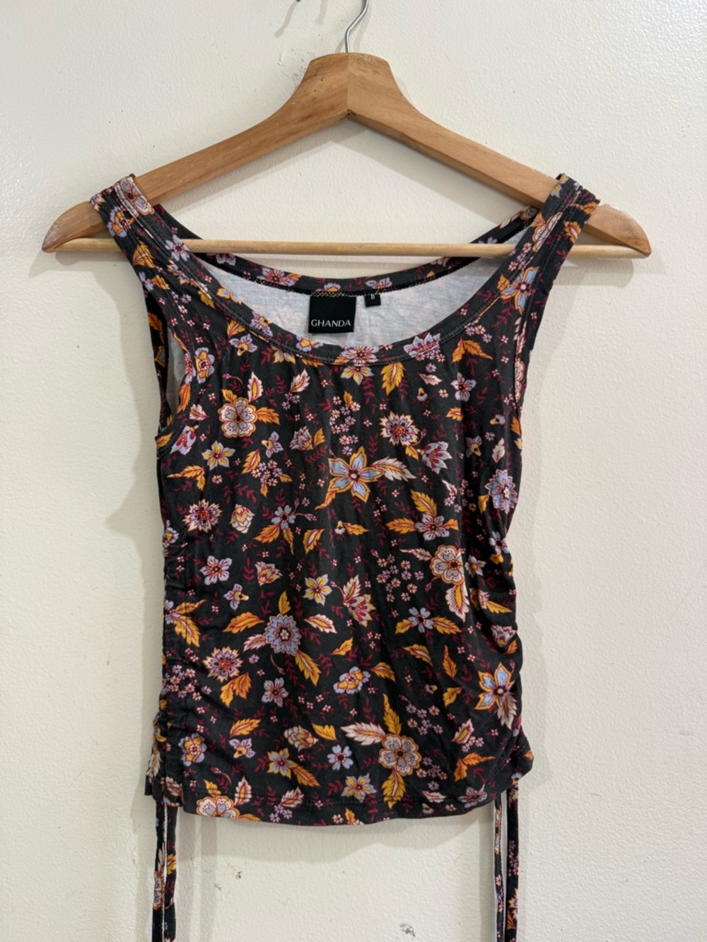 Ghanda Black Floral Scoop Tank with Mustard and Pink Accents
